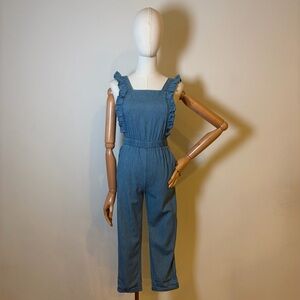 M&S Girls Blue Chambray Ruffle Jumpsuit - Size 9-10Y
